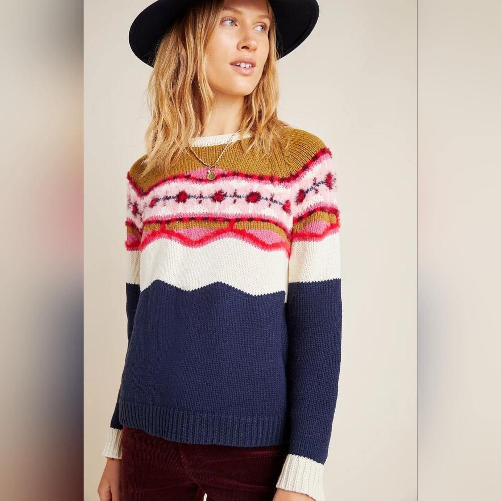 Anthropologie Navy, White, Pink & Mustard Fair Isle Crewneck Sweater